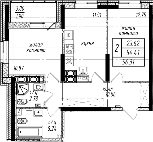 2-комнатная квартира 56.31 м², 24/25 эт., ЖК «Северная Долина»